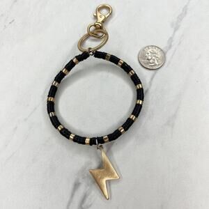 Gold Tone and Black Beaded Bracelet Lightning Charm Keychain Keyring
